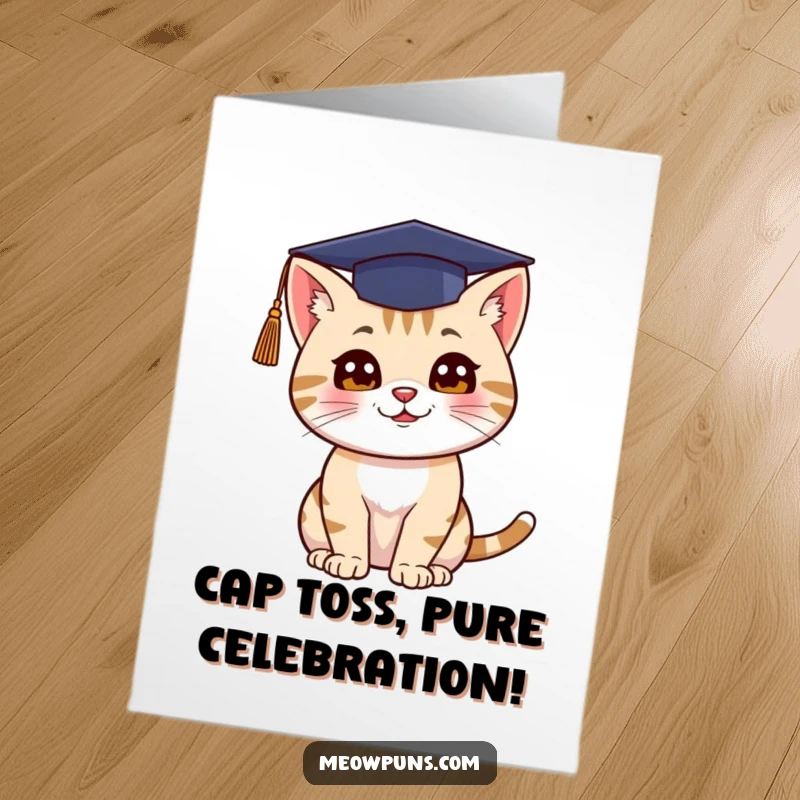 Funny Free Printable Congratulations Card: Cat in a graduation cap throwing it up triumphantly, celebrating success, downloadable gift.