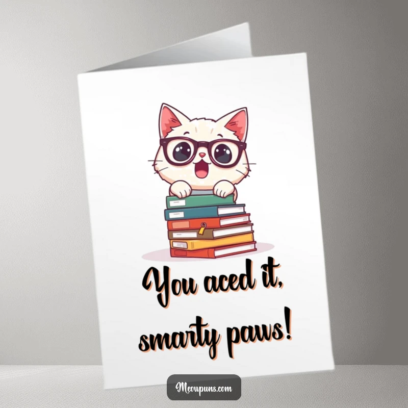 Funny Free Printable Congrats Card: Surprised cat in glasses watches books tumble down, a funny congrats.