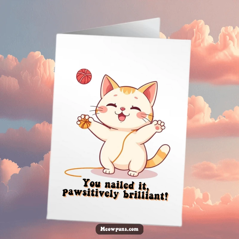 Funny Free Printable Congrats Card: Joyful cat energetically juggling tiny yarn balls, celebrating a big achievement, perfect DIY gift.