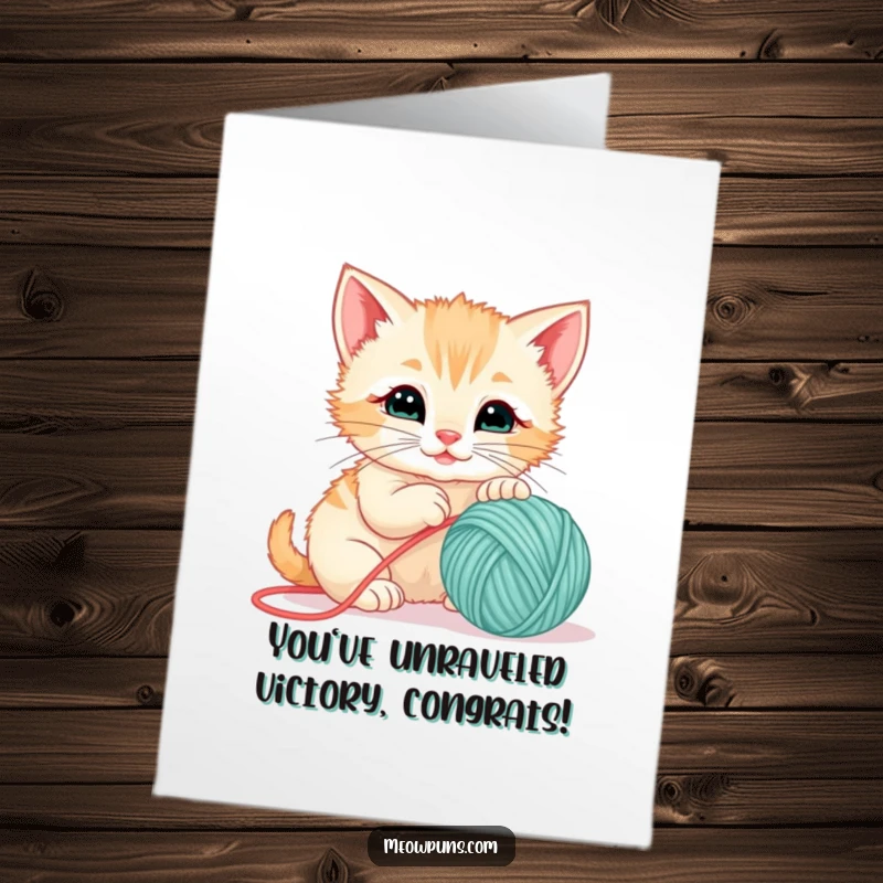 Funny Free Printable congratulations card showcasing a kitten playfully tangled with a ball of yarn, celebrating success.