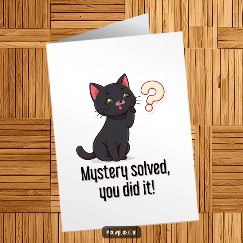 Funny Free Printable Congratulations Card: Black cat intently batting at a floating question mark, showing curiosity and wonder.
