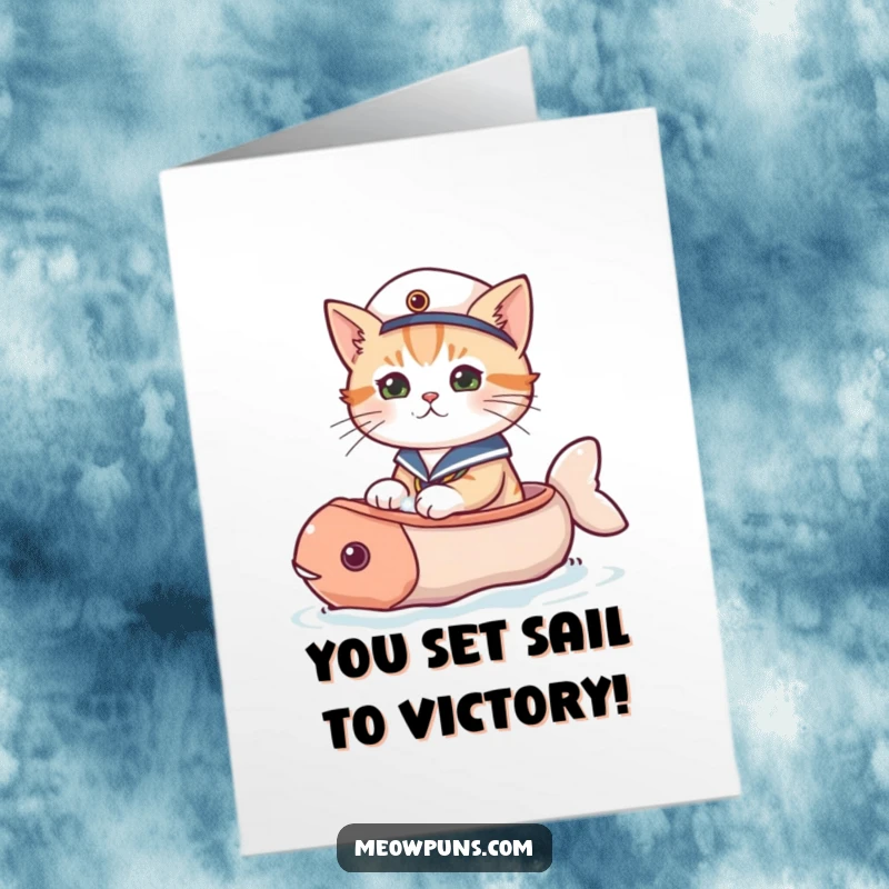 Free Printable Congratulations Card: Cat wearing a sailor hat confidently sailing a fish-shaped boat.
