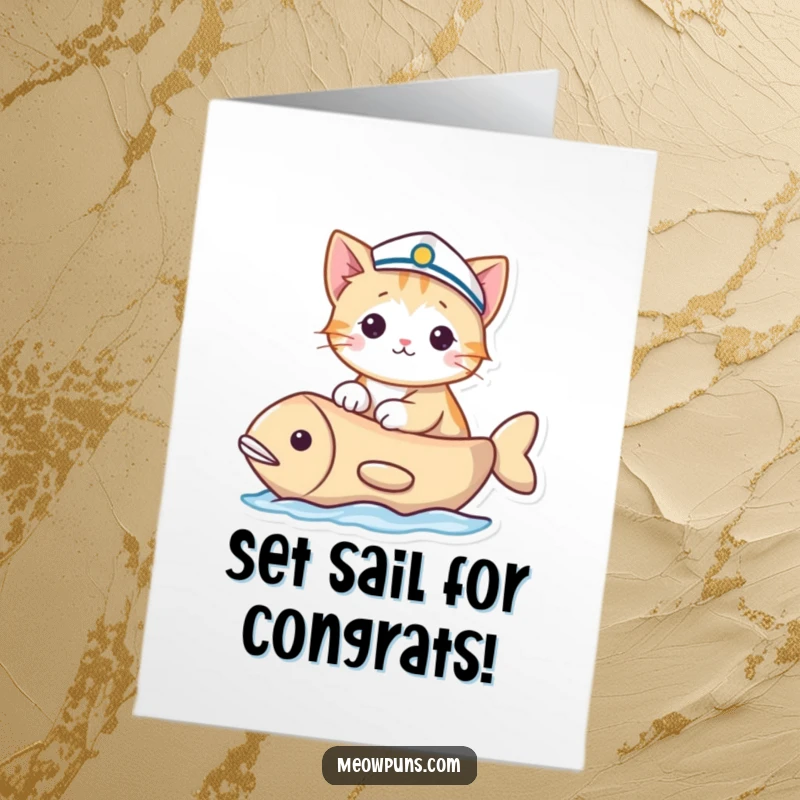 Funny Free Printable Congratulations Card: Cat in a sailor hat sailing a fish-shaped boat, celebrating smooth success, downloadable art.