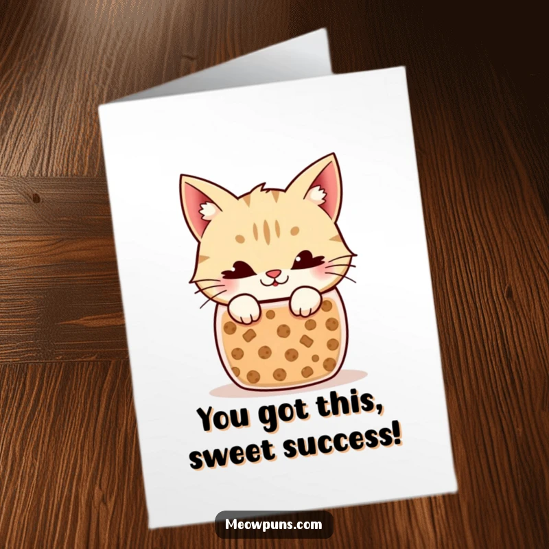 Funny Free Printable Congrats Card: A cat with a sly grin peeks from a cookie jar, celebrating success with humor, DIY gift.