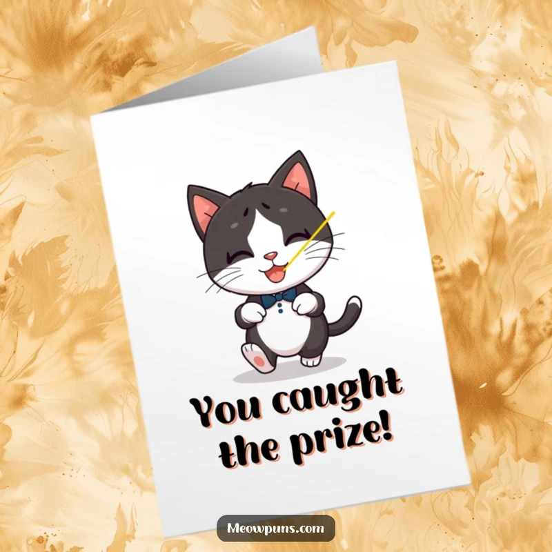 Funny Free Printable Congratulations Card: Tuxedo cat intently chasing a laser dot, embodying quick success.