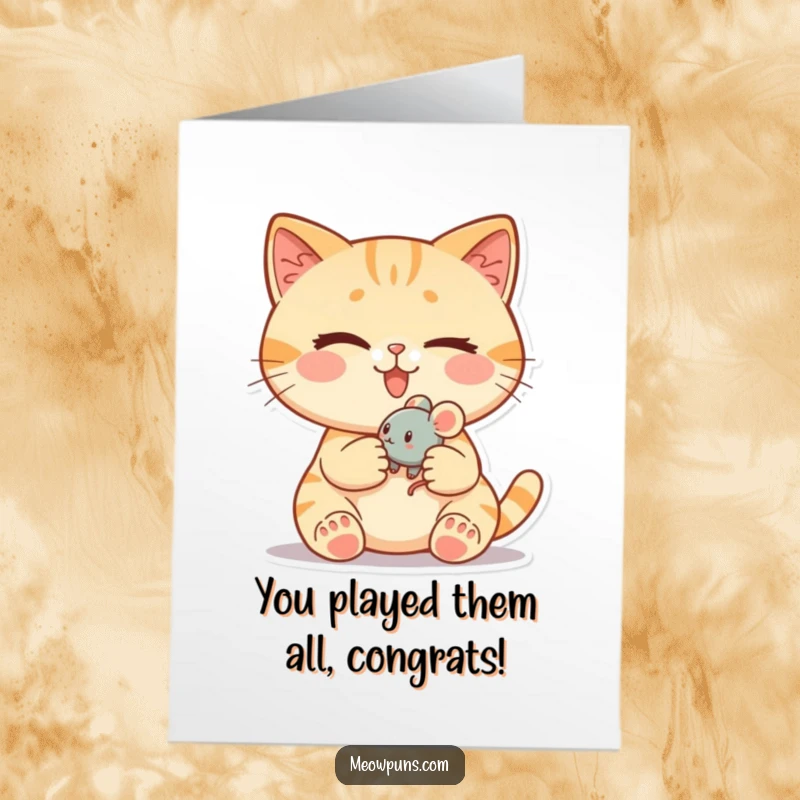 Funny Free Printable Congratulations Card: A cat gives a knowing wink while presenting a tiny toy mouse, celebrating a clever achievement.