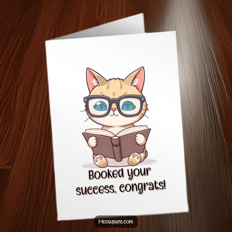 Funny Free Printable Congrats Card: A cat wearing large glasses, closing a book with a satisfied, learned expression.