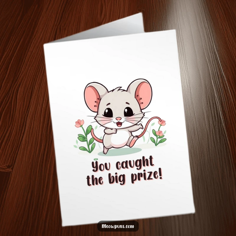 Funny Free Printable Congratulations Card featuring a speedy catnip mouse inspiring a fun, enthusiastic pursuit.