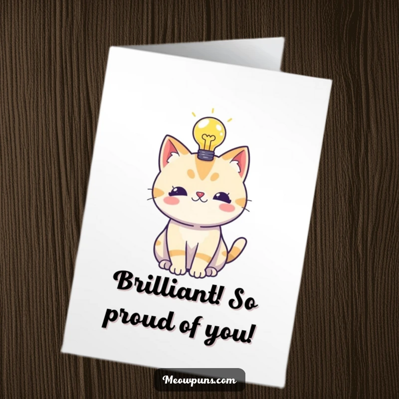 Funny Free Printable Congratulations Card featuring a cat with a bright lightbulb idea, celebrating success.