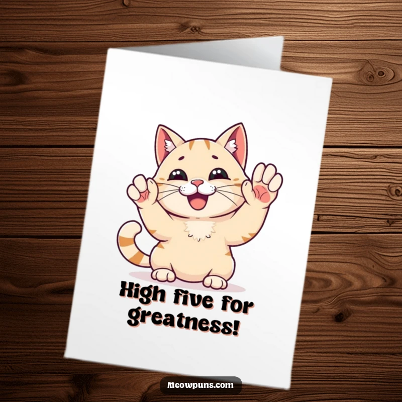 Funny Free Printable High Five Cat Congratulations Card: Excited cat performs a triumphant high five, cheering success.