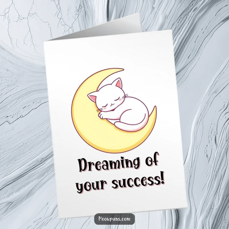 Free Printable Sleepy Cat Moon Congratulations Card: Content cat rests soundly on a glowing moon.