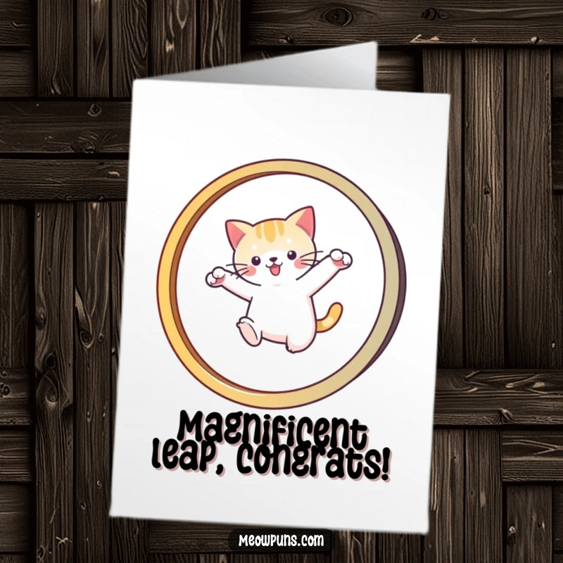 Funny Free Printable Congratulations Card: Cat dynamically jumping through an M-shaped hoop, symbolizing a great accomplishment, downloadable art.