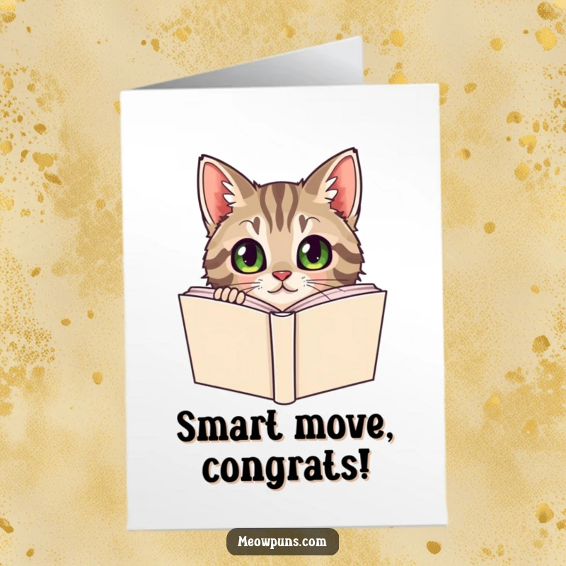 Funny Free Printable Congratulations Card: Curious tabby cat peeking from behind a dictionary, celebrating knowledge.