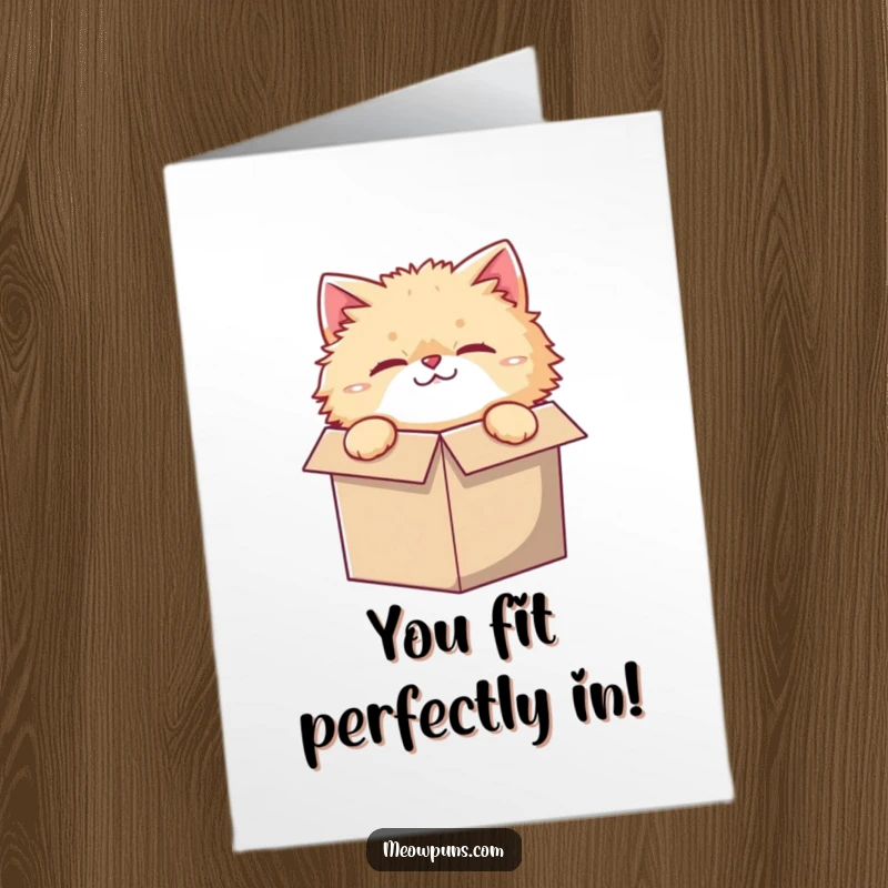 Funny Free Printable Congratulations Card showing a fluffy cat head poking out of a box too small for it.