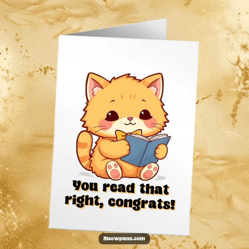 Funny Free Printable Congratulations Card: Orange cat in a bowtie, reading, symbolizing intellectual achievement and congratulations.