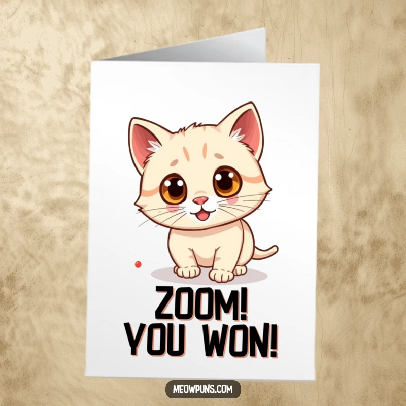 Free Printable Congratulations Card: Googly-eyed cat with wide pupils chasing a bright red laser dot.