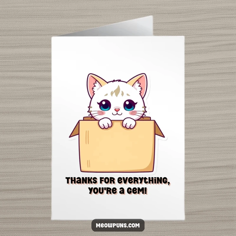 Funny Free Printable Thank You Card: Curious cat peeking from a box, expressing gratitude sweetly.