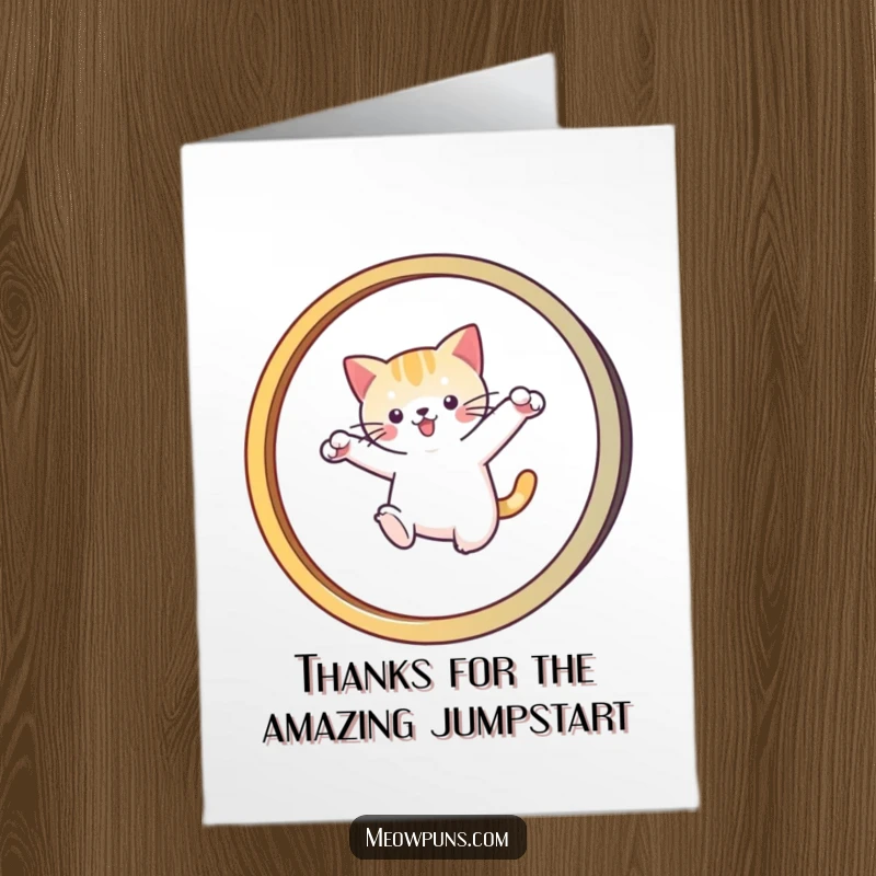 Funny Free Printable Thank You Card: Cat making an M-shaped leap, a dynamic way to say thank you, downloadable art.