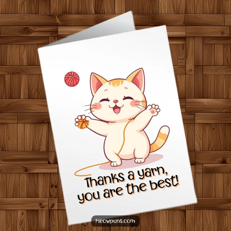 Funny Free Printable Thank You Card: A cute cat gleefully juggling several small yarn balls, a unique DIY thank you.