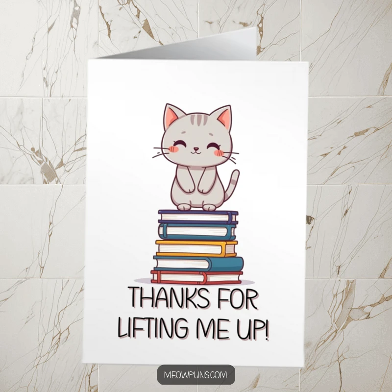 Funny Free Printable Thank you Card: Grey cat expertly balancing on a stack of books, expressing thanks.