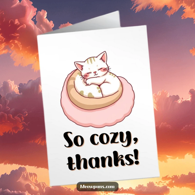 Funny Free Printable Thank You Card: Cat blissfully curled up on a giant plush letter, purring happily.