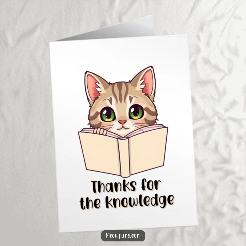 Funny Free Printable Thank You Card: A curious tabby cat peeking from behind a dictionary, thanking with knowledge.