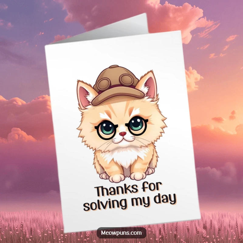 Funny Free Printable Thank You Card: A fluffy cat detective tipping its hat, showing appreciation with charm.