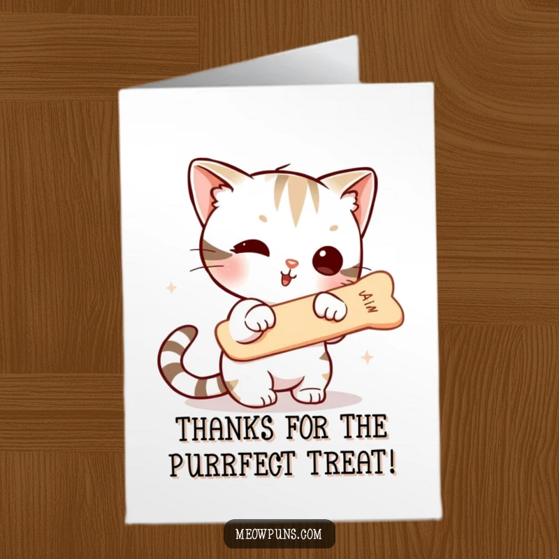 Funny Free Printable Thank You Card: Amusing cat trying to snatch a fishbone, a playful thank you.