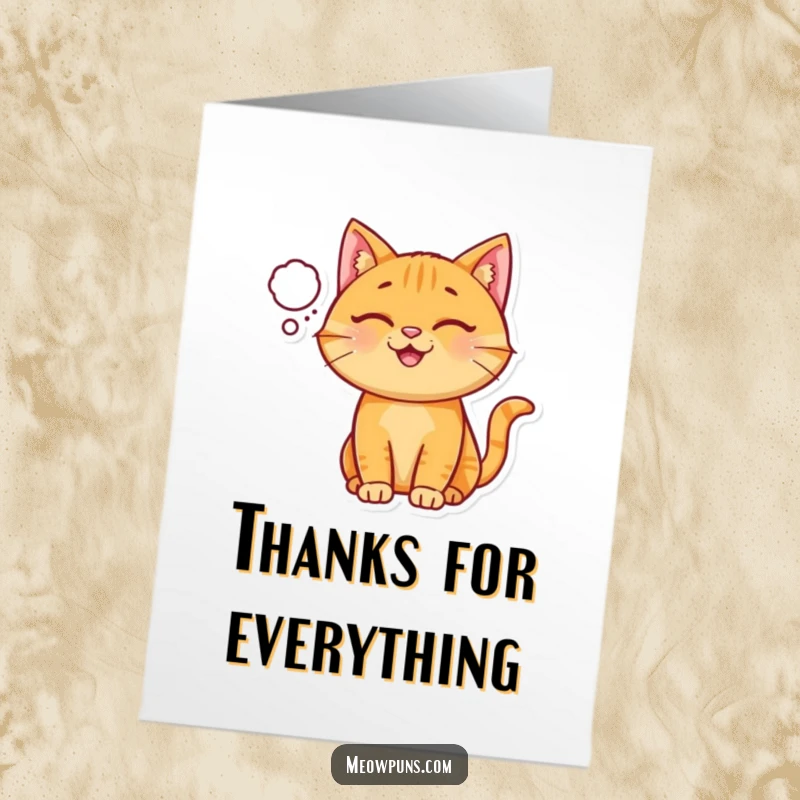 Funny Free Printable Thank You Card: Happy ginger cat with a thought bubble showing a heart, conveying thanks.