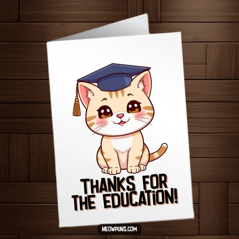 Funny Free Printable Thank You Card: Cat wearing a graduation cap and throwing it up, a celebratory downloadable gift.