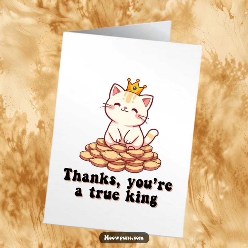 Funny Free Printable Thank You Card: Cat in a crown on fish coins, expressing gratitude with feline majesty, downloadable art.