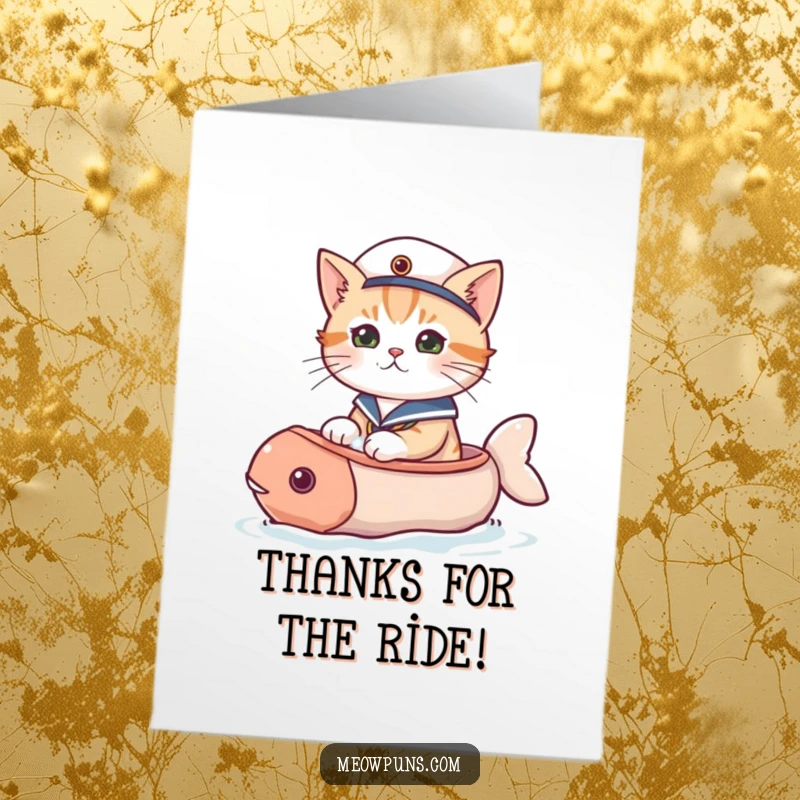 Funny Free Printable Thank You Card: Cat in a sailor hat happily sailing a fish-shaped boat on waves.