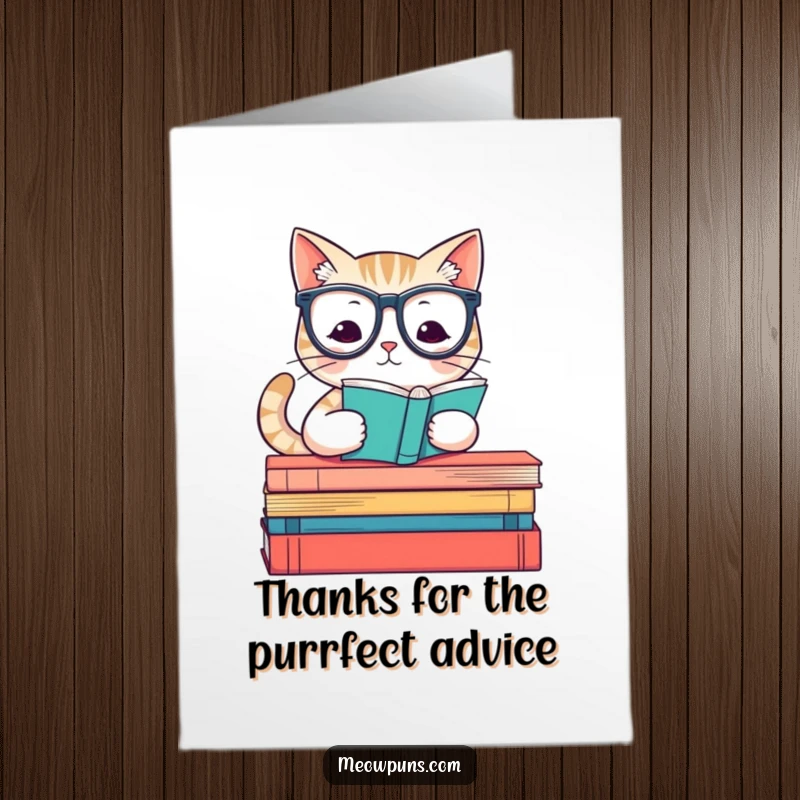 Funny Free Printable thank you card with a cat in glasses on books, offering a grateful yet amusing message.