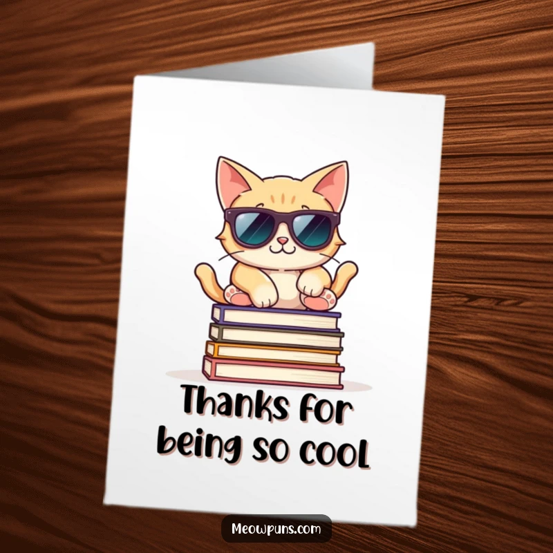 Funny free printable thank you card: A cat sporting sunglasses relaxes on a stack of books, radiating cool gratitude. Thanks a million.
