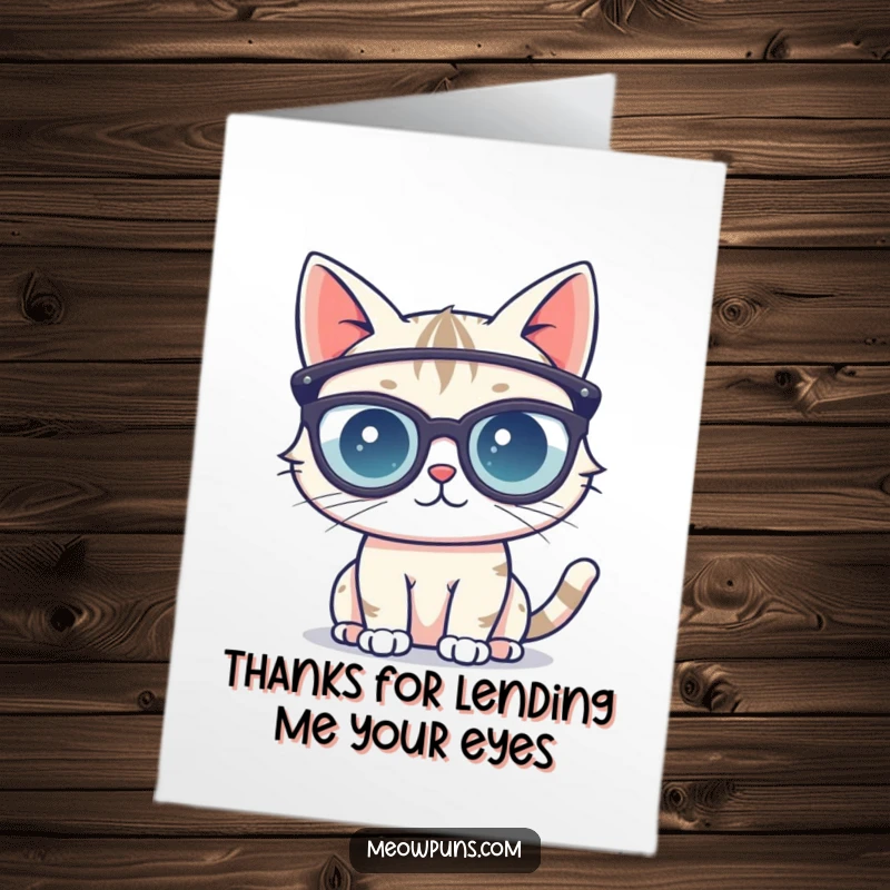 Funny Free Printable Thank You Card: Cute cat peeking over giant reading glasses, a smart thank you.