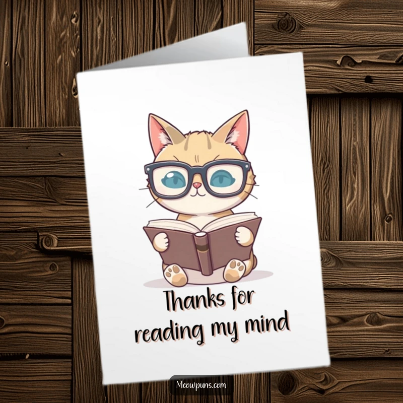 Funny Free Printable Thank You Card: A cat with oversized glasses looking kindly from its book, offering thanks.