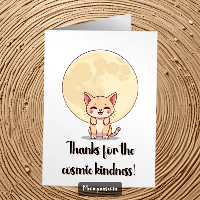 Funny Free Printable Thank You Card: Mischievous cat behind a giant grinning moon, humorous thanks, downloadable.