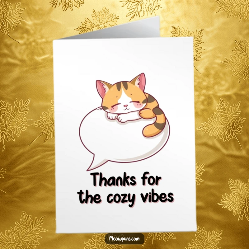 Funny Free Printable Thank You Card: Calico cat peacefully napping on a large speech bubble, conveying thanks.