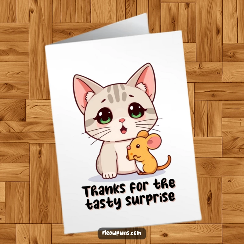 Funny free printable thank you card: A cat with wide eyes watches a mouse proudly holding a tiny wedge of cheese. A tasty surprise!
