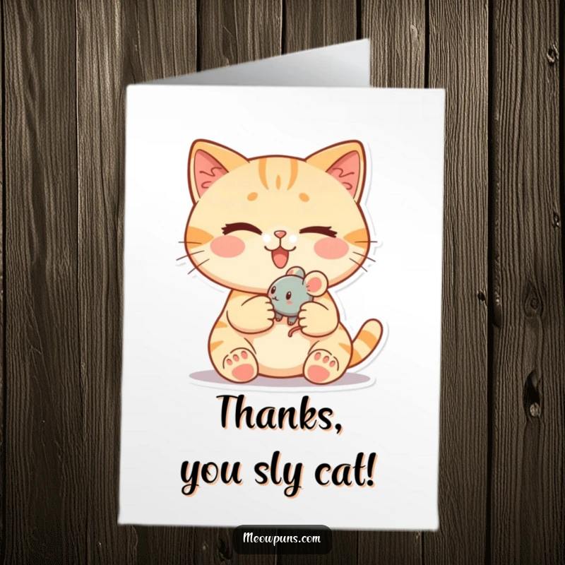 Funny Free Printable Thank You Card: A cat winks charmingly, holding a small toy mouse, expressing gratitude for a kind gesture.