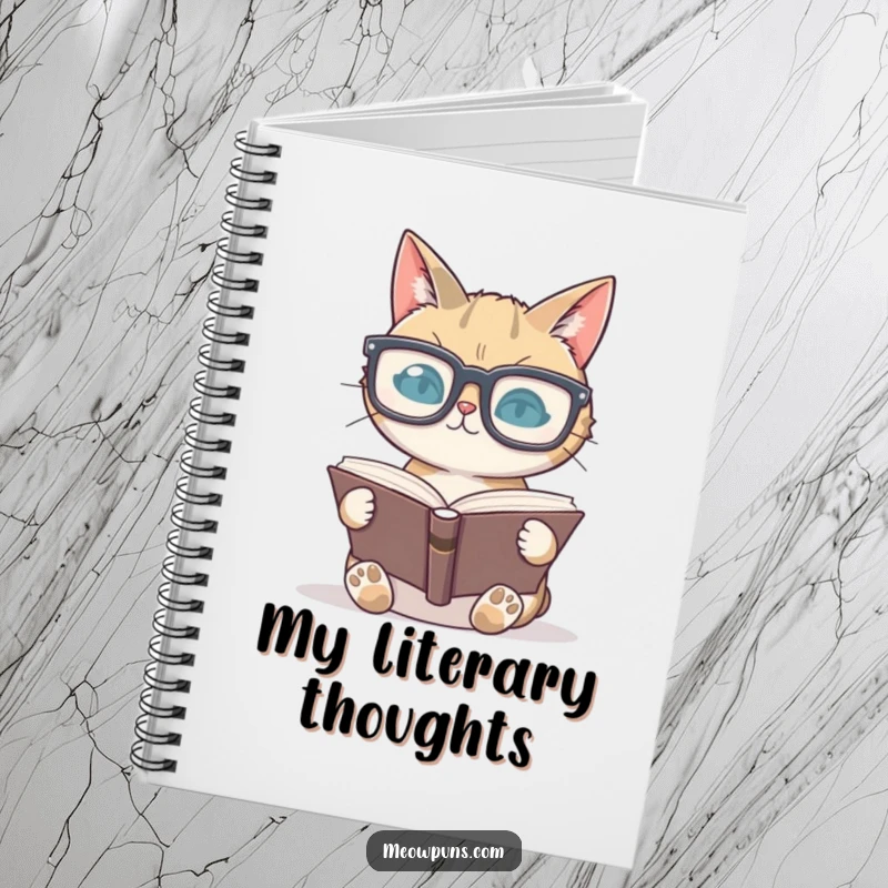 Funny cat with large glasses reading a book on a notebook, stimulating creative writing and note-taking.