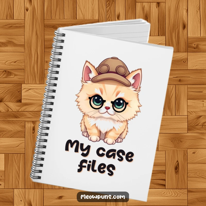Funny fluffy cat detective wearing a hat on a notebook, ideal for jotting down clues and ideas.