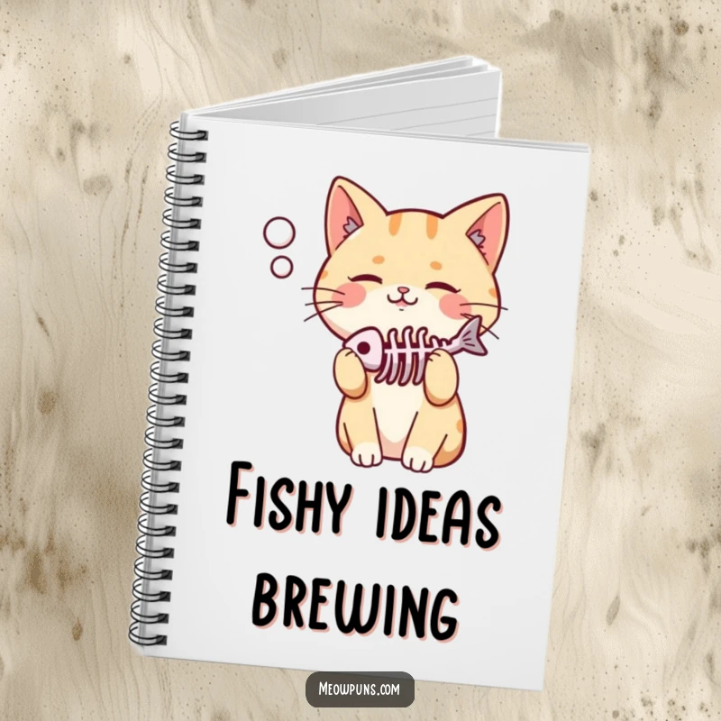 Funny notebook with a cute, pleased cat and a fish skeleton in its thought bubble, perfect for notes and feline-inspired musings.