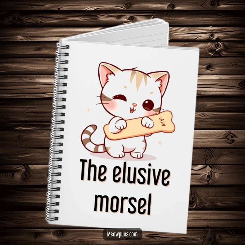 Funny notebook cover showing a cute cat character batting at a suspended fishbone, perfect for capturing funny thoughts and creative ideas.