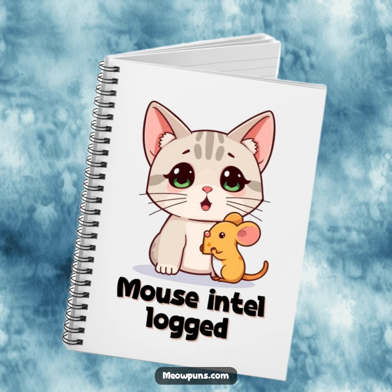 Funny notebook featuring a surprised cat watching a mouse holding a tiny cheese wedge, perfect for jotting down intriguing ideas.