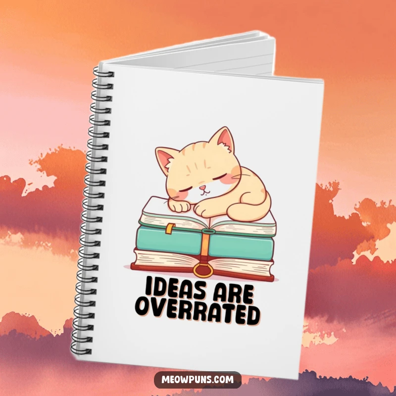 Funny notebook with a sleeping cat on a book cover, ideal for jotting down notes with a touch of humor.