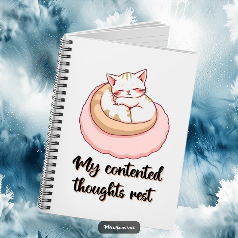 Funny cat notebook featuring a purring cat nestled on a large plush letter, inspiring calm and organized note-taking.