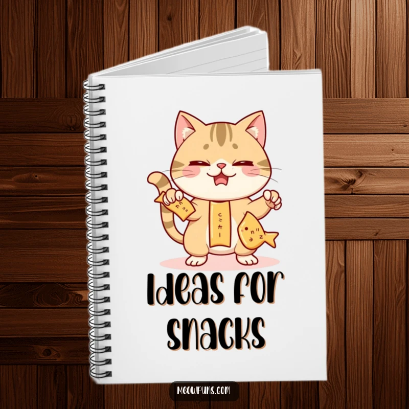 Funny notebook with a mischievous cat juggling three fish-shaped crackers, inspiring creative thoughts and snack-related planning.
