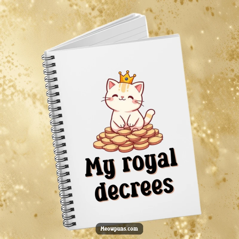 Funny notebook featuring a crowned cat on fish-shaped coins, perfect for jotting down ideas with regal humor.