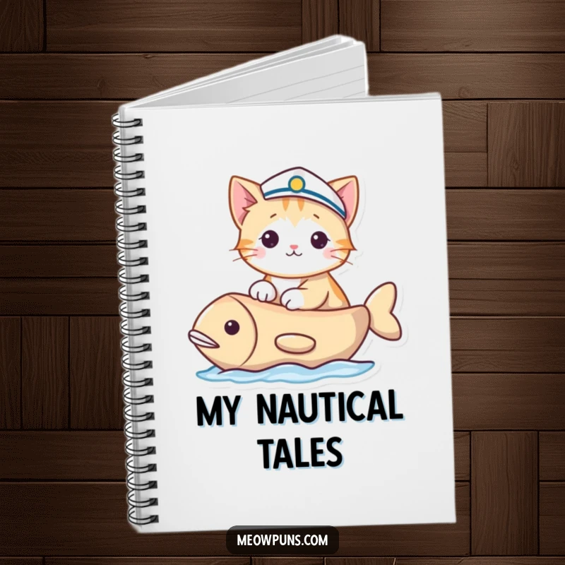Funny notebook featuring a cat in a sailor hat sailing a fish-shaped boat, perfect for jotting down ideas with nautical humor.